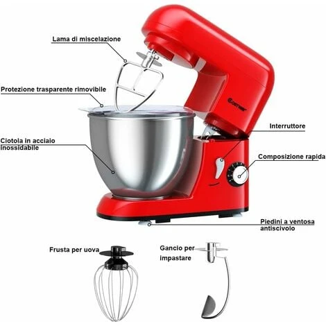 Robot Da Cucina 4 L 1300 W, 6 Velocita E Testina Inclinabile, Planetaria Elettrica Con Ciotola In Acciaio Inox, Gancio Miscelazione, Frusta E Frullino, Paraspruzzi (Rosso) 4 Robot Da Cucina 4 L 1300 W, 6 Velocita E Testina Inclinabile, Planetaria Elettrica Con Ciotola In Acciaio Inox, Gancio Miscelazione, Frusta E Frullino, Paraspruzzi (Rosso) - immagine 4