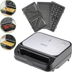 Monzana Piastra Elettrica 3in1 Sandwich Waffle Panini 3 Piastre Intercambiabili Antiaderente 1000W Tostapane BPA Free Manico Cool-Touch
