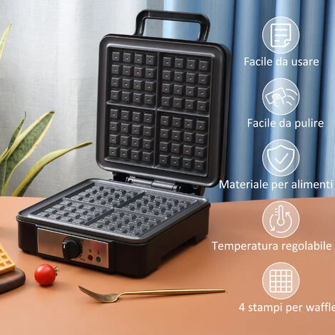 HOMCOM Macchina Per Waffle Con Piastre Antiaderenti E Temperatura Regolabile, 1200W, Nero 4 HOMCOM Macchina Per Waffle Con Piastre Antiaderenti E Temperatura Regolabile, 1200W, Nero - immagine 4