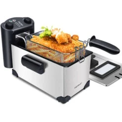 Aigostar Kenny - Friggitrice Ad Olio In Acciaio Inox 3 Litri Con Timer E Controllo Della Temperatura. Contenitore Rimovibile, Coperchio Di Visualizzazione E Cestello Per Friggere Con Ganci. 2200 W