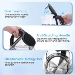 Aigostar Adam - Bollitore Acqua Elettrico In Vetro Borosilicato Con LED, 1,7 Litri, 2200W, Spegnimento Automatico, Filtro Anticalcare, , Base Di Rotazione A 360° In Acciaio Inox, Teiera Senza BPA Nero -Piccoli Elettrodomestici Negozio 72603444 4