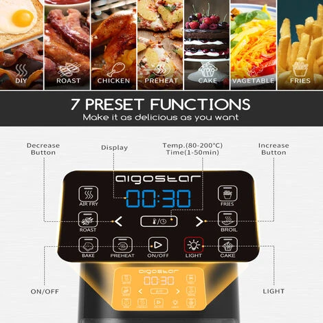 Aigostar Maha - Friggitrice Ad Aria 7 In 1 Da 4 L Con Finestra Di Visualizzazione Con Controllo Dell'illuminazione Indipendente, Cestello Antiaderente. Friggitrice Senza Olio 1600 W, Nero 4 Aigostar Maha - Friggitrice Ad Aria 7 In 1 Da 4 L Con Finestra Di Visualizzazione Con Controllo Dell'illuminazione Indipendente, Cestello Antiaderente. Friggitrice Senza Olio 1600 W, Nero - immagine 4