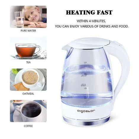 BOLLITORE ELETTRICO IN VETRO 1.7 LITRI CON FILTRO E LED BLU 2200 W AIGOSTAR-Bian 4 BOLLITORE ELETTRICO IN VETRO 1.7 LITRI CON FILTRO E LED BLU 2200 W AIGOSTAR-Bian - immagine 4