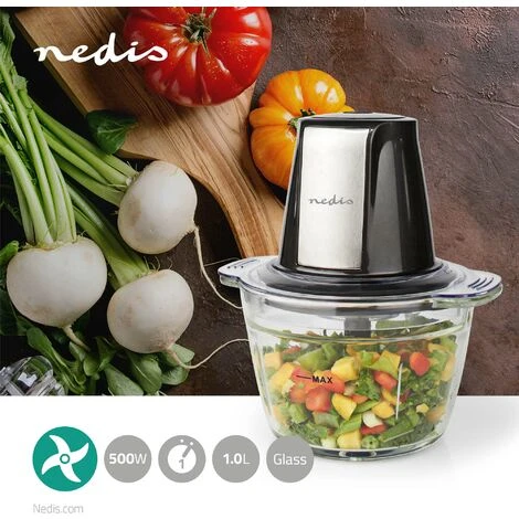 Nedis Tritatutto 500 W 1 L Vetro 1-Velocità Argento / Nero 2 Nedis Tritatutto 500 W 1 L Vetro 1-Velocità Argento / Nero - immagine 2