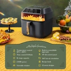 Aigostar Zane - Friggitrice Ad Aria Da 8 Litri E 1700W Con Ampia Finestra Di Visualizzazione. 12 Impostazioni Di Menu Preimpostate, Comandi Luminosi , Touch Screen LED, Con Ricettario, BPA FREE -Piccoli Elettrodomestici Negozio 86973733 3